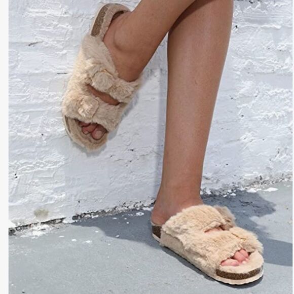 FITORY Womens Open Toe Slipper w/ Cozy Lining,Faux Rabbit Fur Cork Slide leopard - Picture 4 of 9